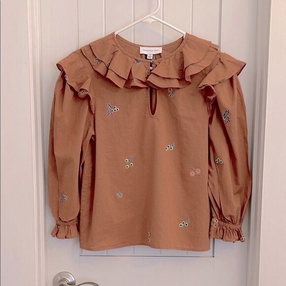 Something Navy Embroidered Floral Ruffle Trim Long Sleeve Blouse Top Camel Small - Picture 2 of 11